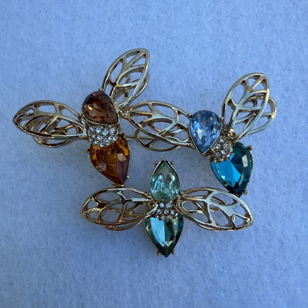 Large Triple Dragonfly Brooch Gold Tone Multicolor Rhinestone Statement Pin